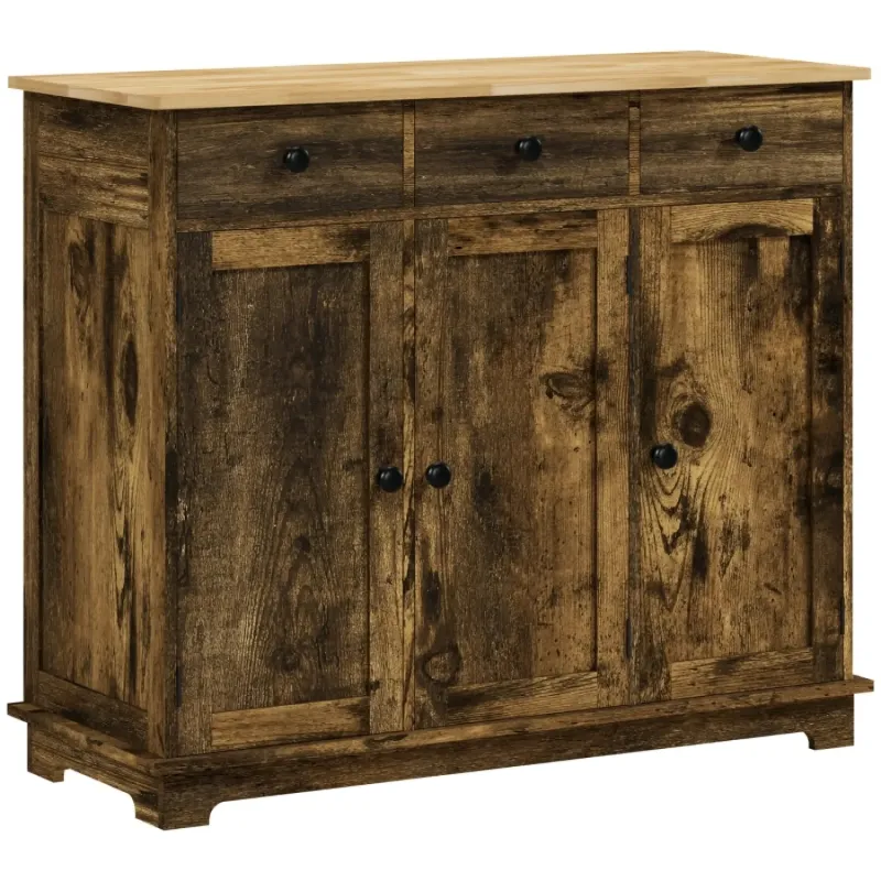 Rustic Brown Sideboard with Solid Rubberwood Top and Adjustable Shelves