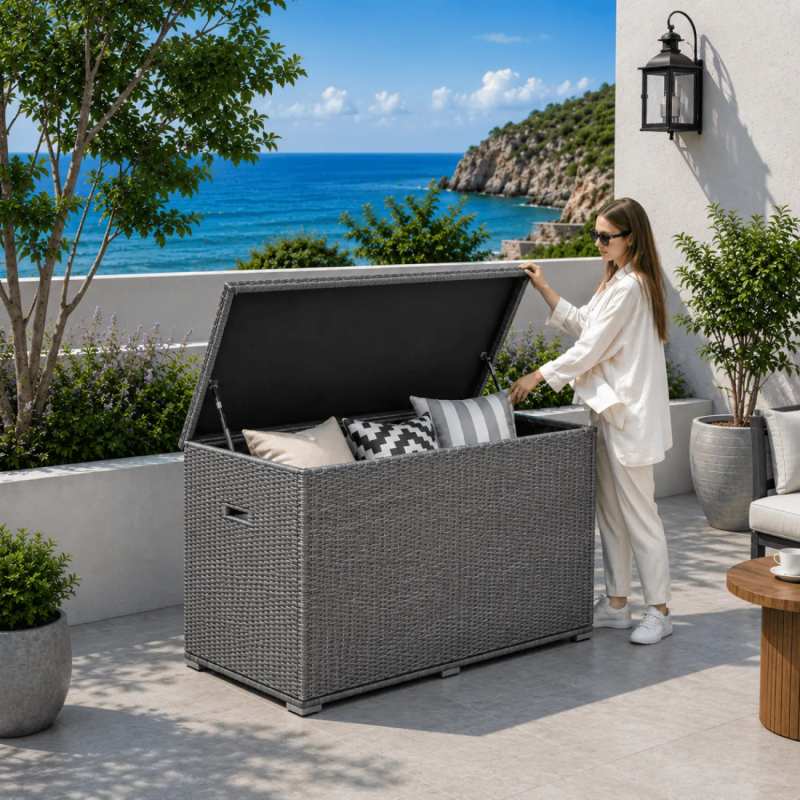 983L Extra Large PE Rattan Garden Storage Box - Grey