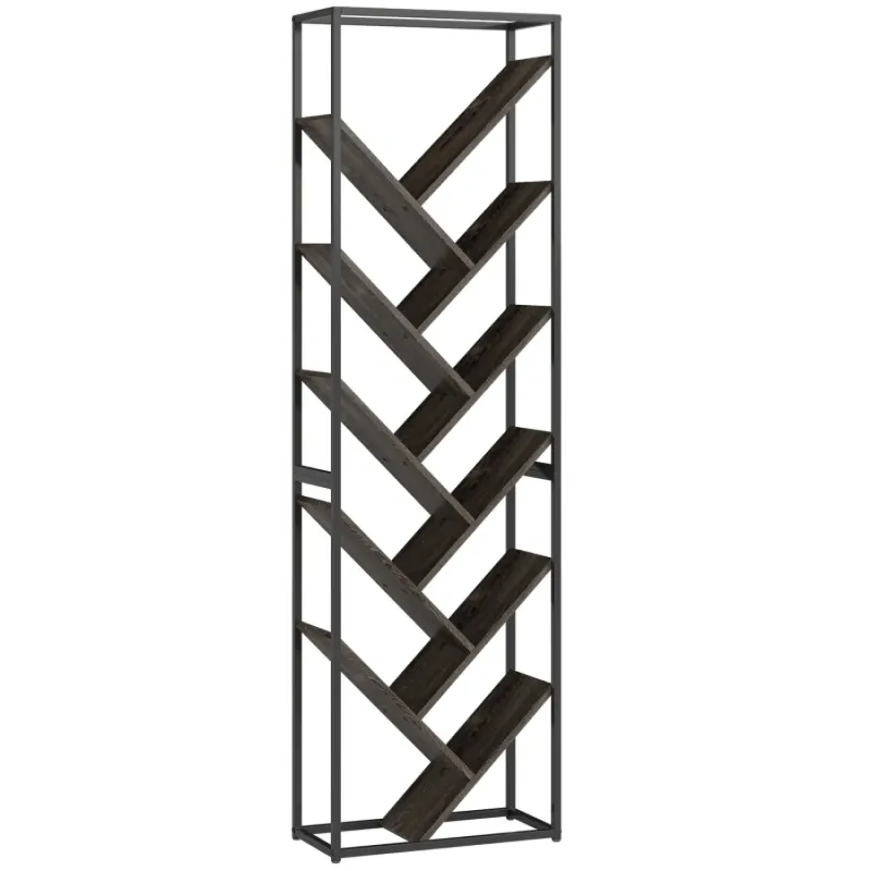  10-Tier Tree Bookshelf Industrial Tall Slim Bookcase with Metal Frame - Grey and Black