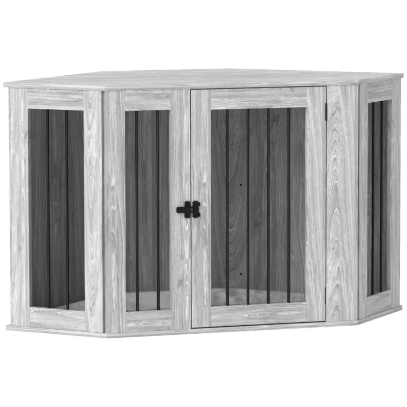 Large Dog Crate Furniture Side Table with Cushion - Grey - 122cm