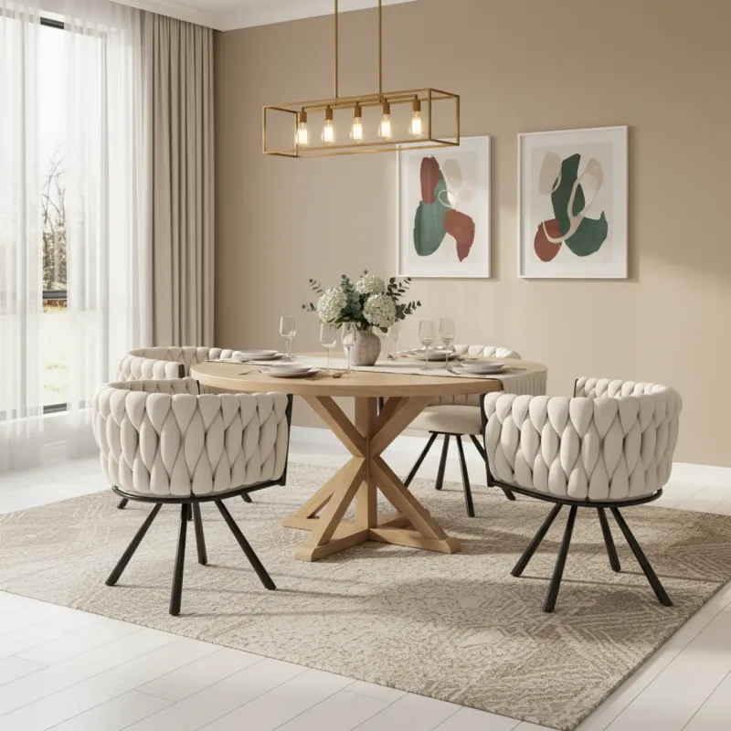 Set of 4 Beige Velvet Swivel Dining Chairs