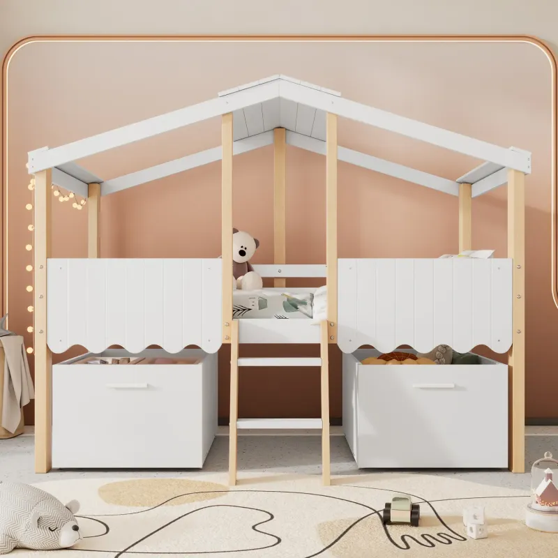 White and Natural Pine Wooden House Bed with Under-Bed Storage Drawers – 3ft Single