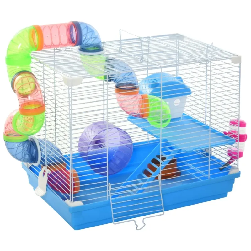 2 Tier Hamster and Gerbil Cage with Exercise Wheel and Tunnel - Blue