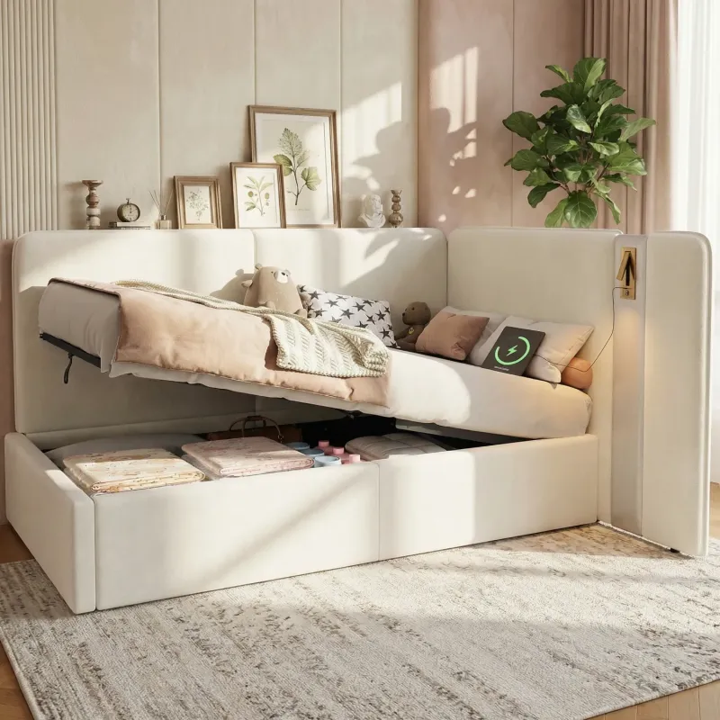 Velvet Daybed, Single, in Beige, with Hydraulic Storage and USB Charging