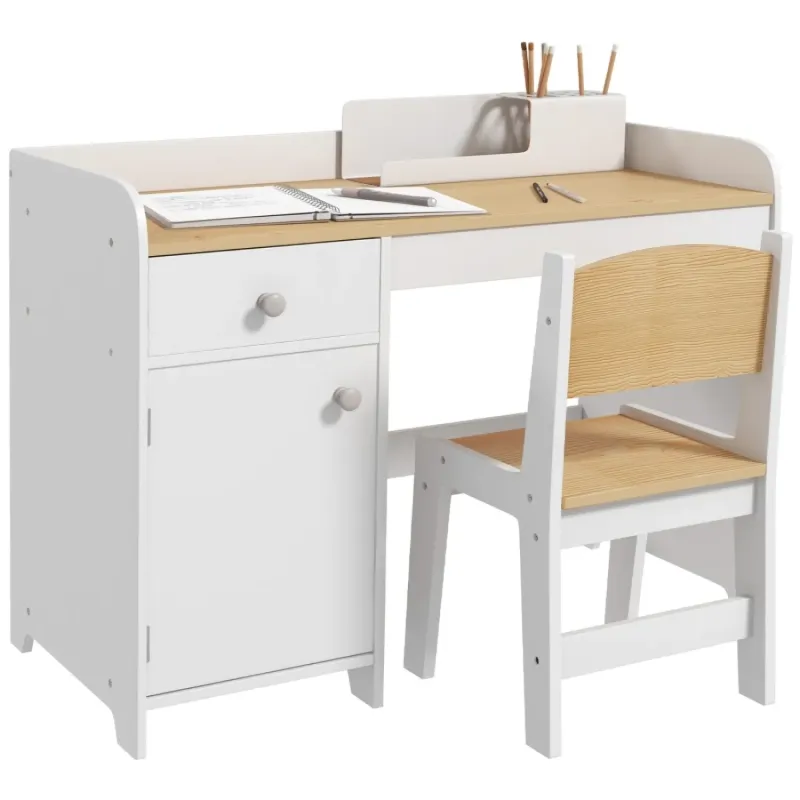 Kids Desk and Chair Set with Storage - White