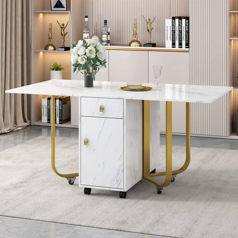 White Marble Effect Folding Dining Table with Storage Cupboard and 2 Drawers