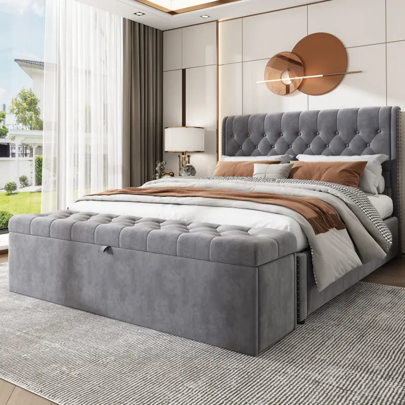 Double Grey Velvet Storage Bed with Hydraulic Lift and Matching Bench