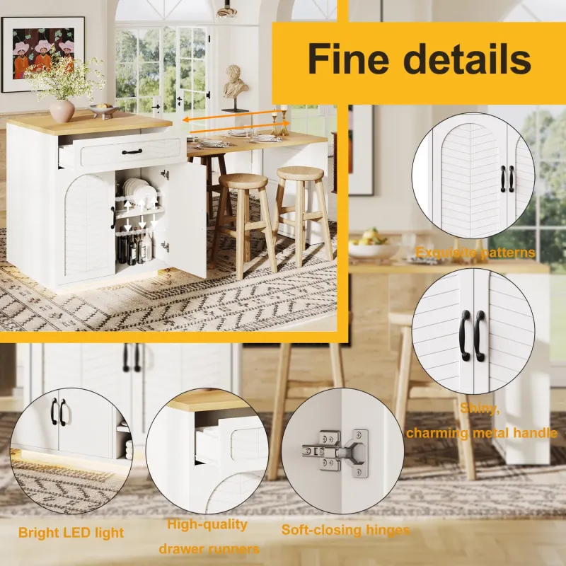 Extendable Kitchen Island with Integrated Dining Table & Wine Rack