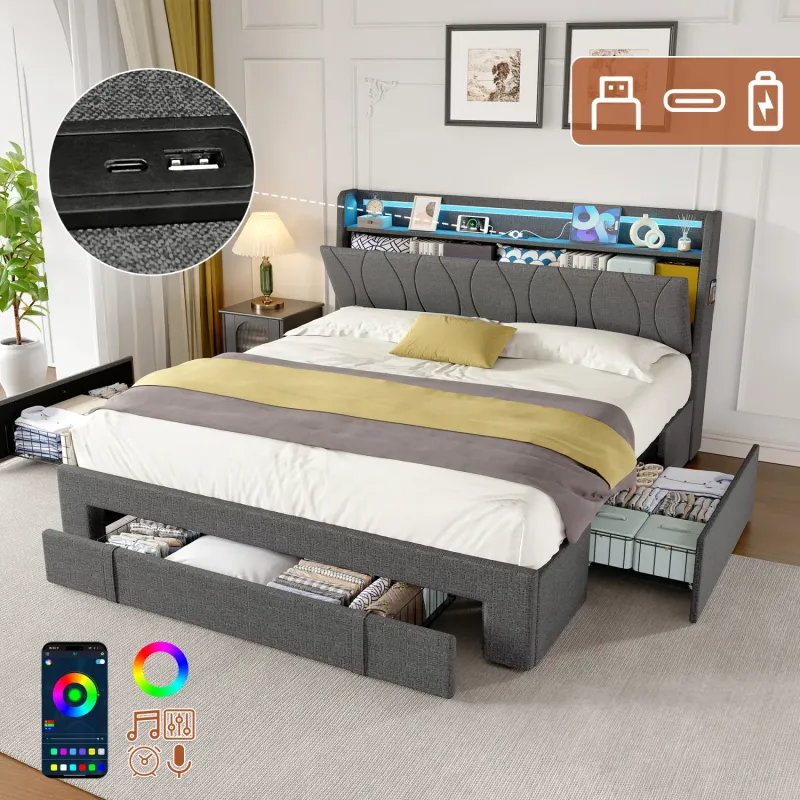 4ft6 Double Upholstered Bed with LED Headboard, 3 Storage Drawers and USB Charging - Grey Linen