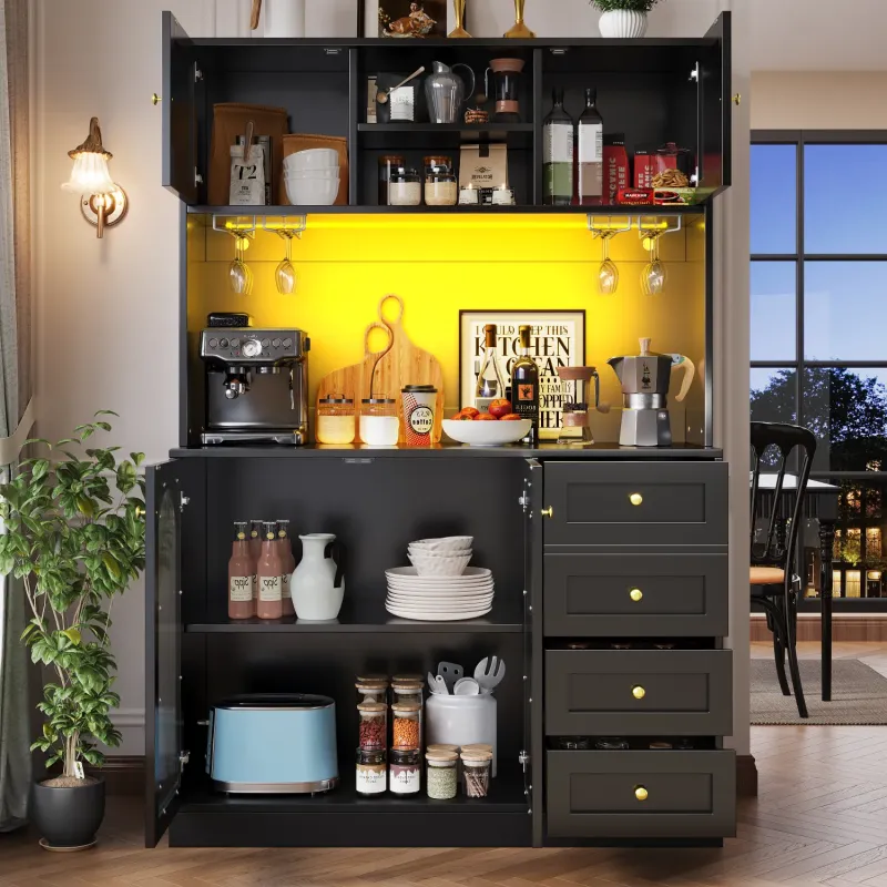 Kitchen Larder Cupboard with Fluted Glass Doors and LED Lighting, Black - 120cm