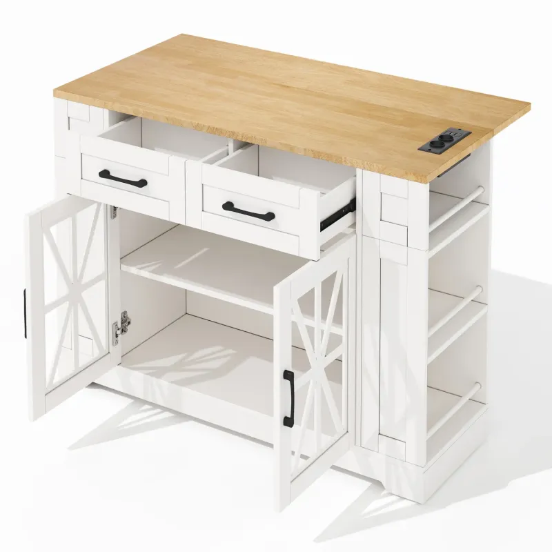 Kitchen Island with Foldable Tabletop, Power Sockets and USB Ports