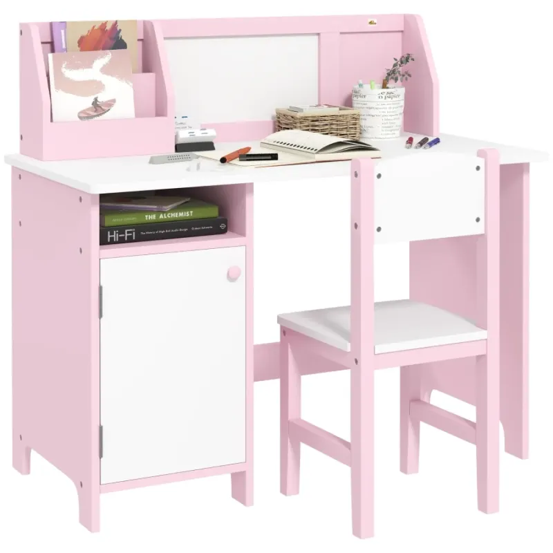 Kids Desk and Chair Set with Whiteboard and Storage - Pink