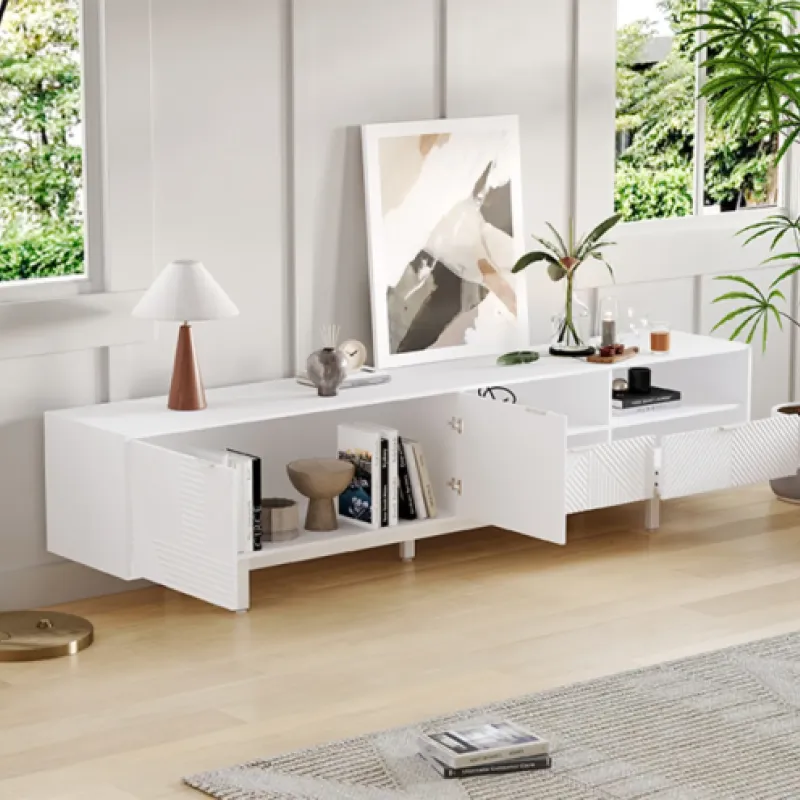 200cm White TV Stand with Geometric Line Art for TVs up to 90 Inch