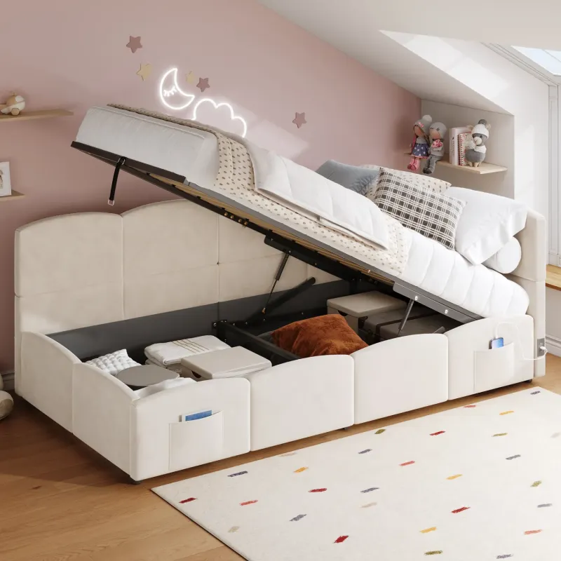 Velvet Sofa Bed, 90 x 190 cm, in Beige, with Hydraulic Storage and USB Charging