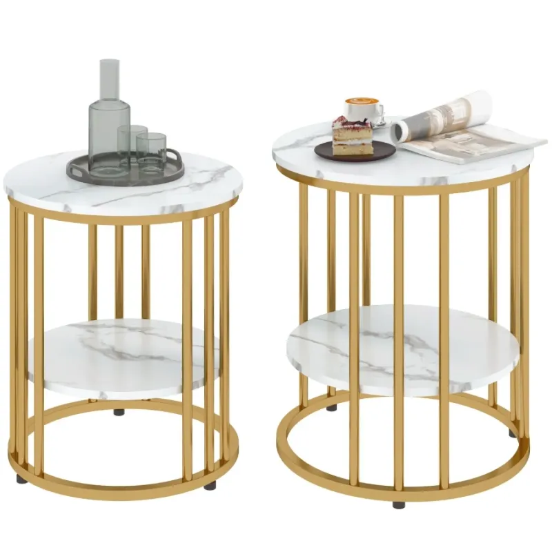 Set of Two Marble-Effect Coffee Tables - White & Gold