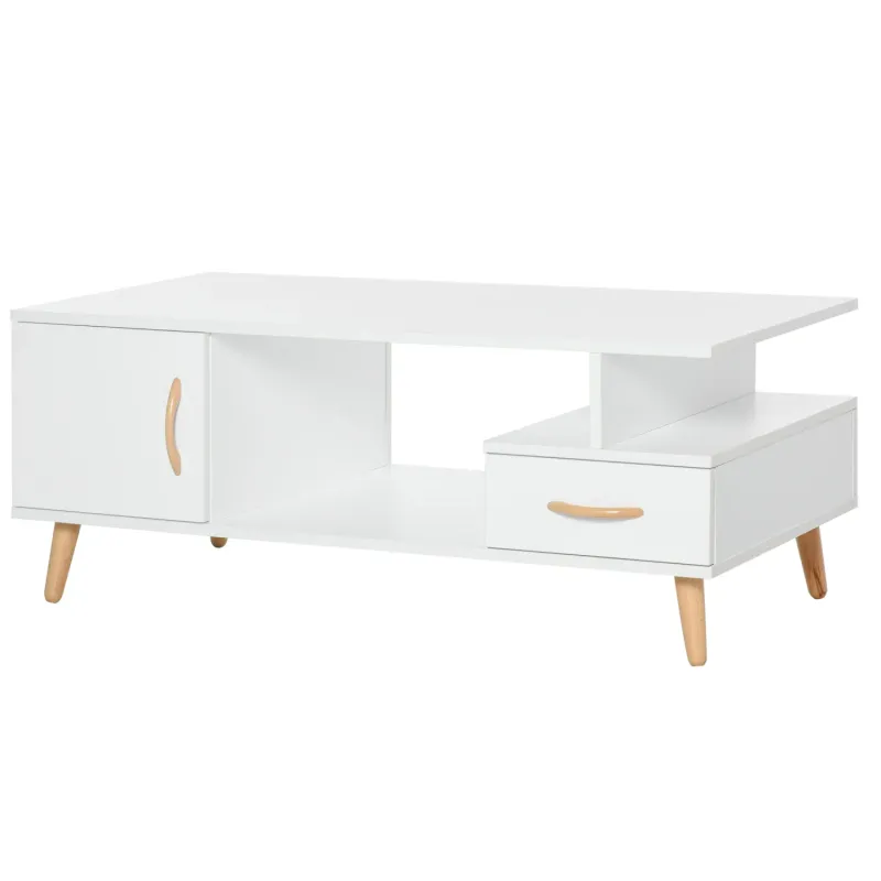 Rectangular Coffee Table, White Finish with Drawer and Cabinet Storage