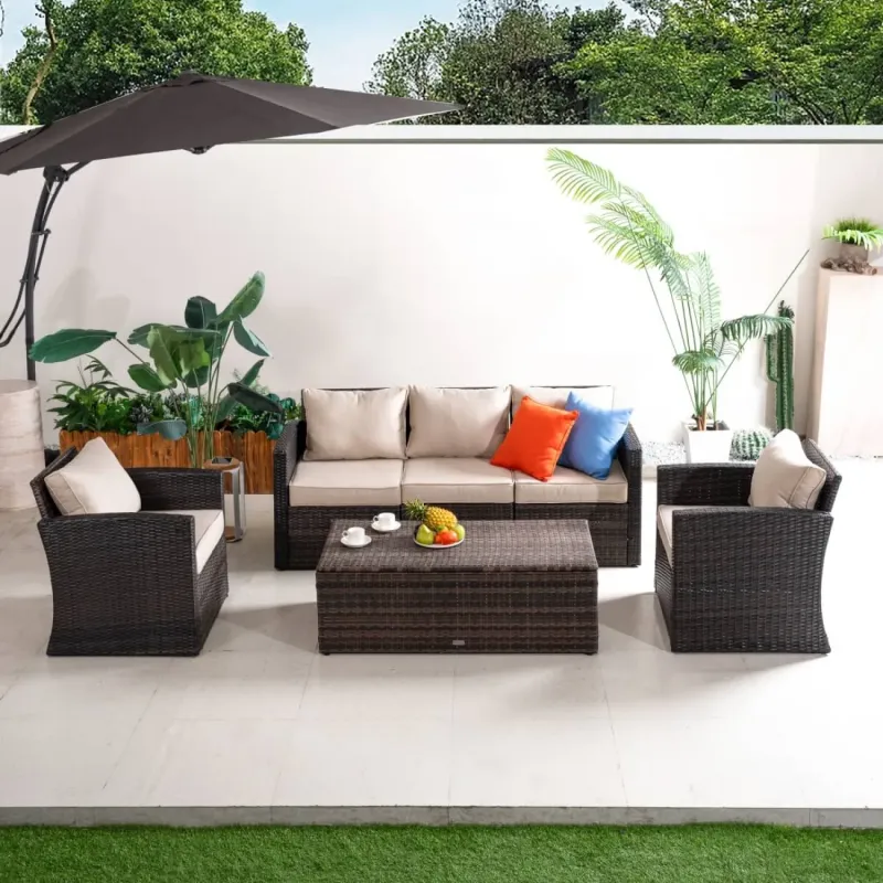 5-Seater Rattan Garden Lounge Set with Storage Coffee Table and Cushions