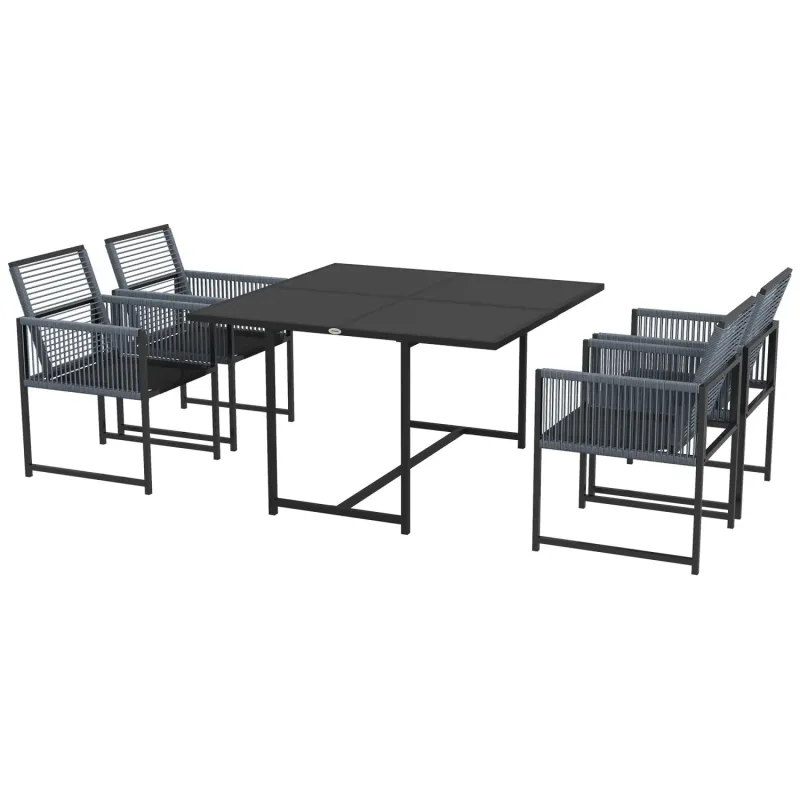  5-Piece Garden Dining Set with Folding Back Chairs and Square Glass Table - Dark Grey