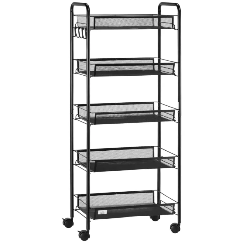 5-Tier Steel Mesh Basket Storage Trolley - Black