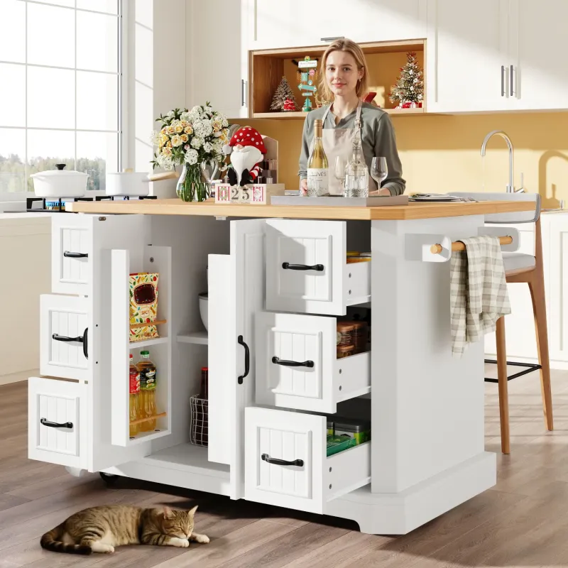 Kitchen Island with 6 Drawers and Extendable Worktop - White