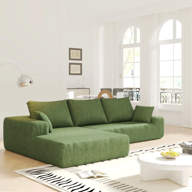 GreenForest 4 Seater L-Shaped Modular Sofa Bed in Green Corduroy