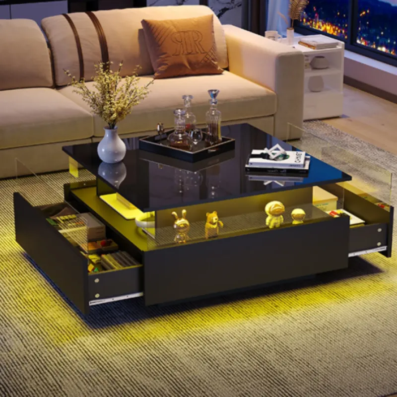 Modern Square High Gloss Coffee Table with Smart LED Lighting and 2 Storage Drawers - Black