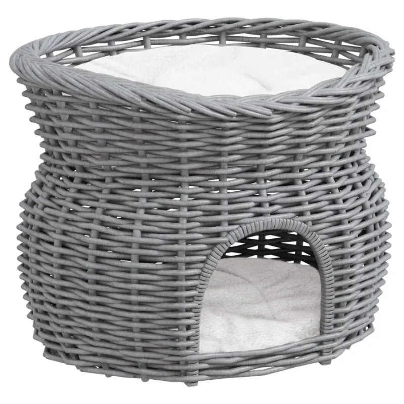 2-Tier Wicker Cat House with Balcony and Washable Cushions - Grey