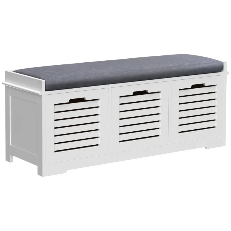 Shoe Storage Bench with 3 Drawers and Grey Seat Cushion