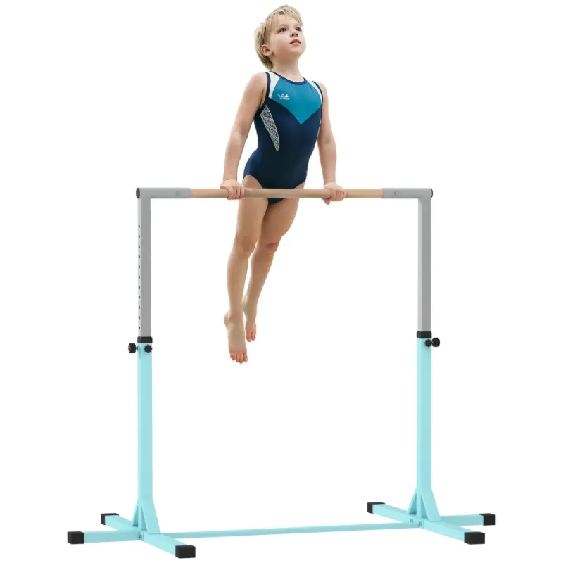 Kids Height Adjustable Gymnastics Bar with Beech Wood Rail - Light Blue