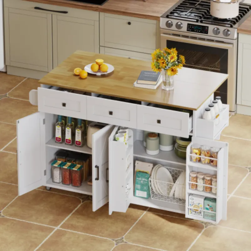 Barn Style Kitchen Island with Folding Breakfast Bar and Storage - White