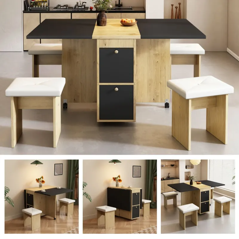 Extendable Folding Dining Table and 4 Chairs Set - White & Oak