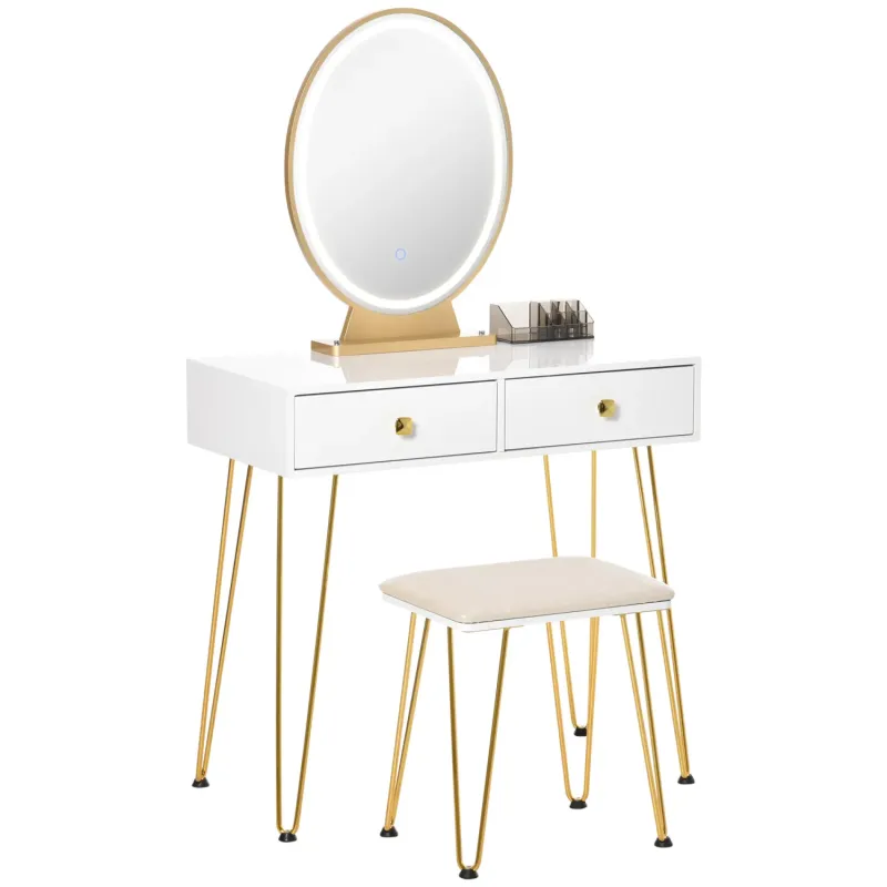 White Dressing Table Set with LED Mirror and Padded Stool