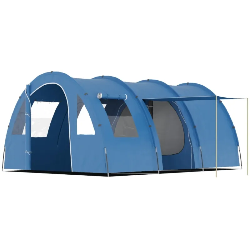 5-6 Person 2-Room Family Camping Tent with Living Area and Canopy - Blue