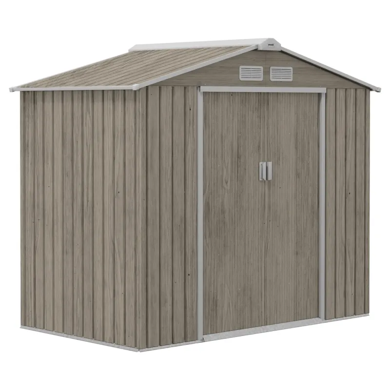  7 x 4ft Metal Garden Storage Shed with Foundation Kit & Lockable Double Doors - Light Brown