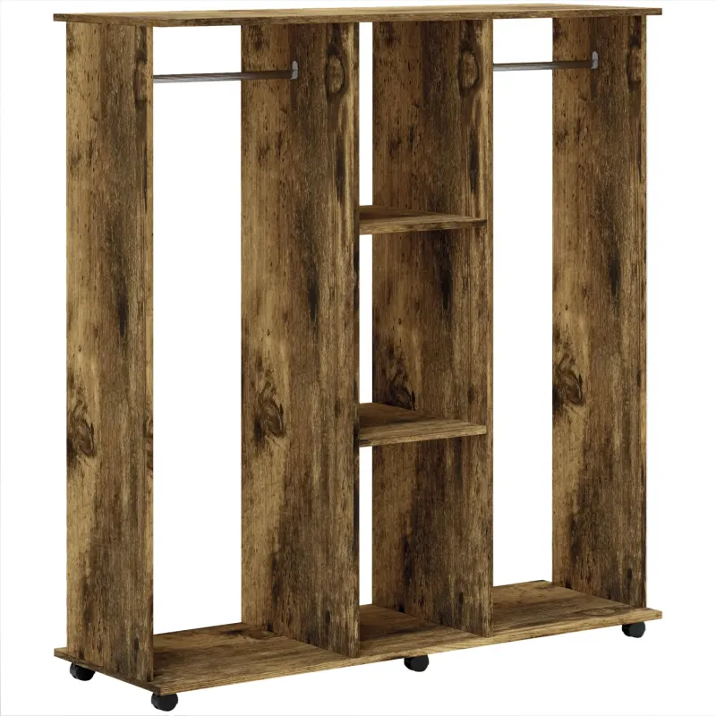 Double Open Wardrobe with Shelves and 6 Wheels - Rustic Brown