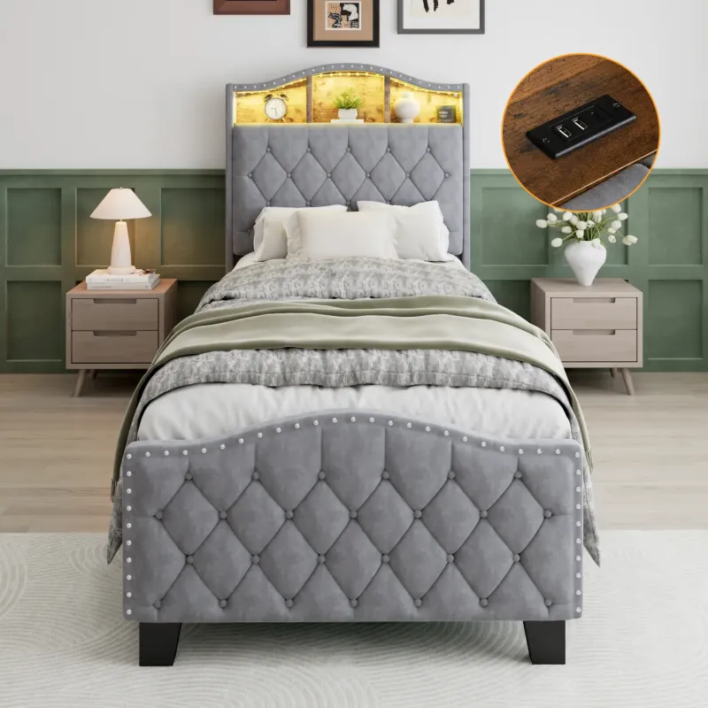 Velvet Upholstered Single Storage Bed with LED Headboard - Grey
