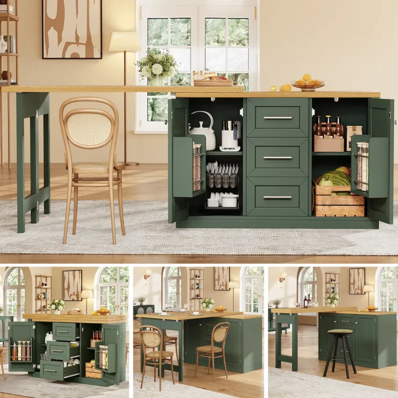 Extendable Kitchen Island Dining Table with Storage in Antique Green