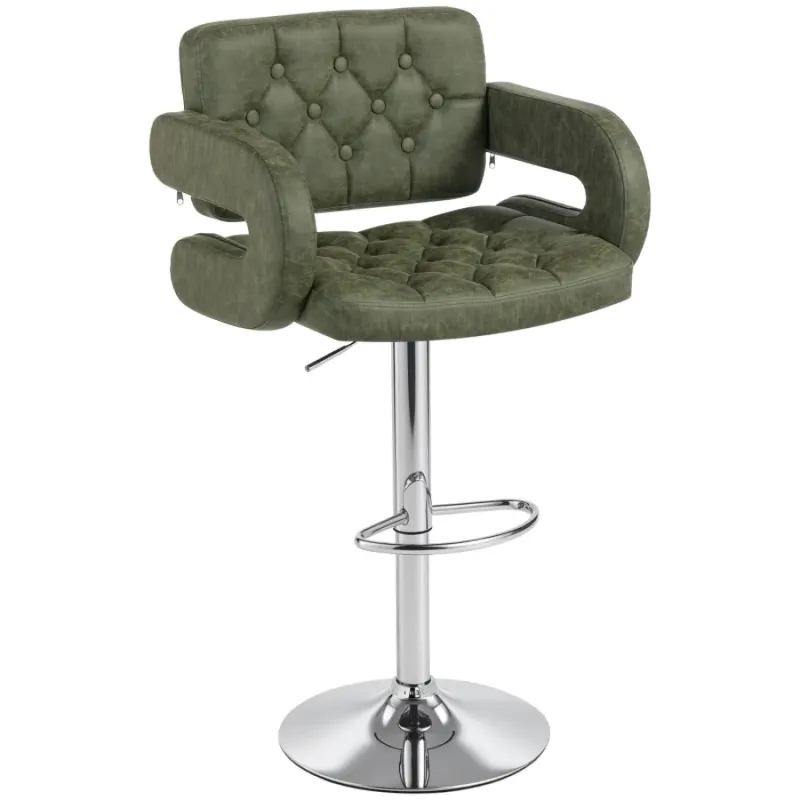  Swivel Bar Stool, Adjustable Height PU Leather Breakfast Chair with Armrests - Green