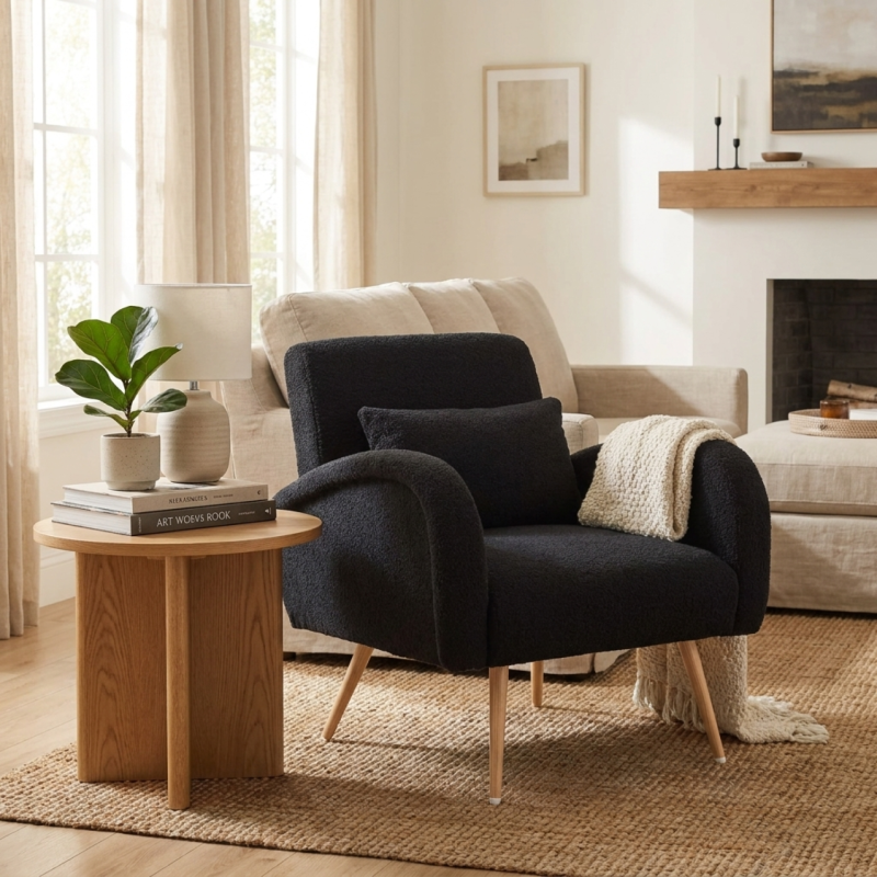 Teddy Fleece Armchair, in Black, with Wood-Effect Legs