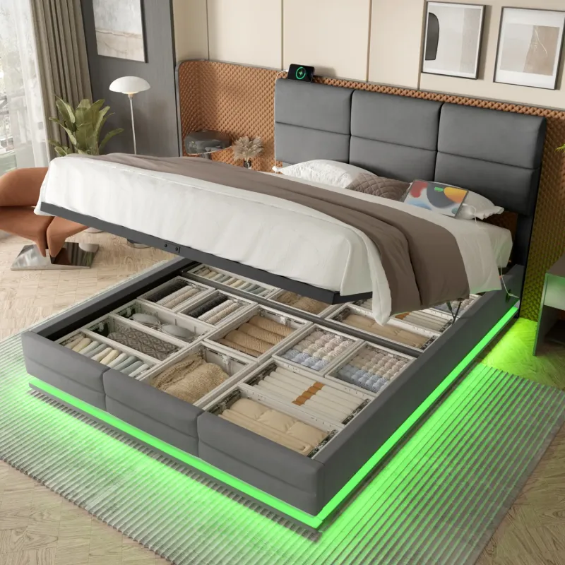 Grey Velvet Double Ottoman Storage Bed with LED Headboard and USB Ports