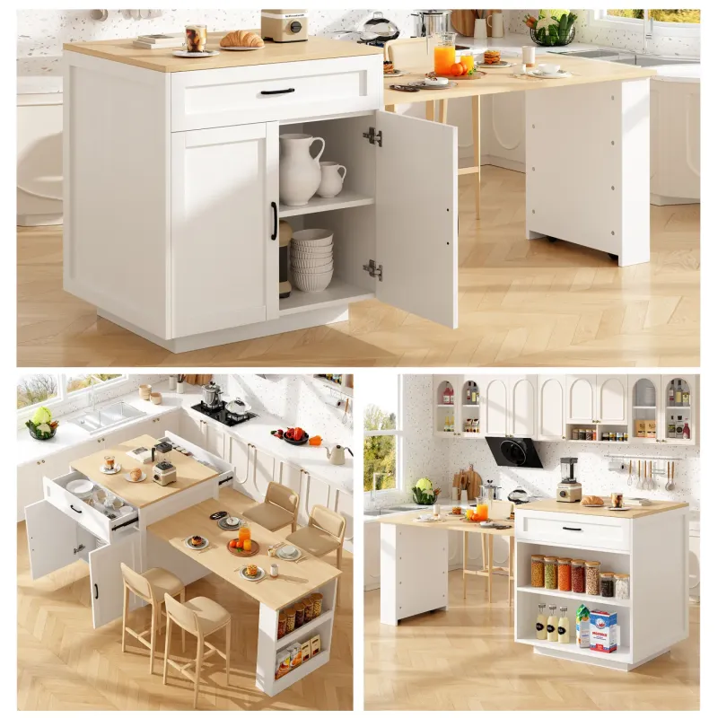 Extendable Kitchen Island Bar Table with Storage and Drawers, White