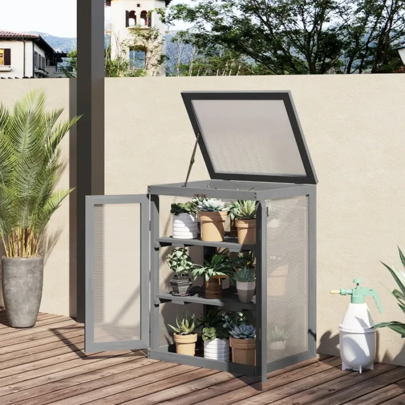 3-Tier Wooden Garden Greenhouse with Removable Shelves - Dark Grey
