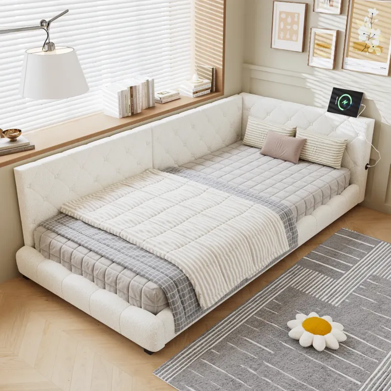 Boucle Upholstered 3ft Single Bed with Twin Headboards and Side Rails - Beige