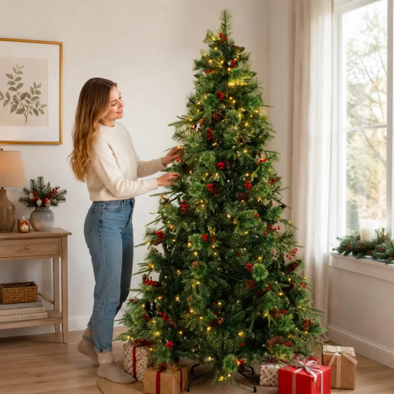 7ft Pre-Lit Green Artificial Christmas Tree with Pine Cones & Red Berries