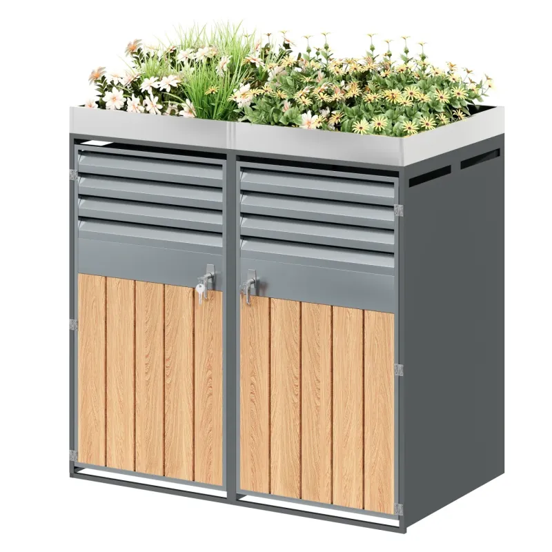 Wood Grain and Grey Double Wheelie Bin Store with Integrated Planter