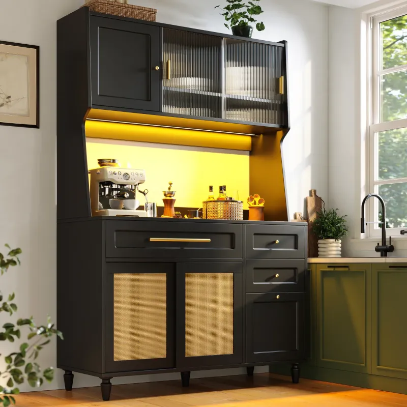 Black Tall Kitchen Display Cabinet with PE Rattan Doors, LED Lighting & 3 Drawers