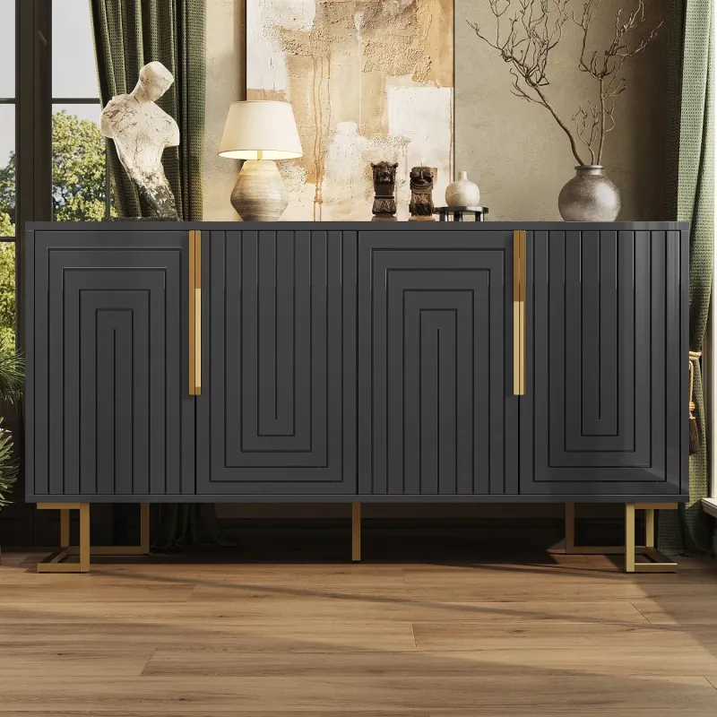 MDF Sideboard, 152cm, in Black, with Geometric Design and Gold Accents