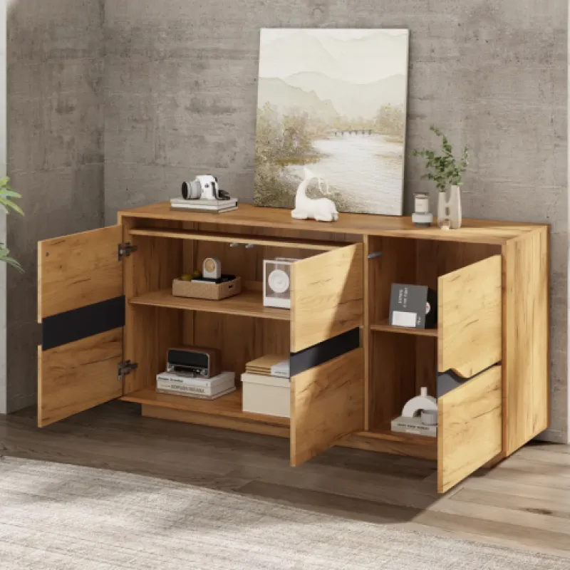 Wood Veneer Sideboard, 140cm, in Natural Wood and Black, with Adjustable Shelves