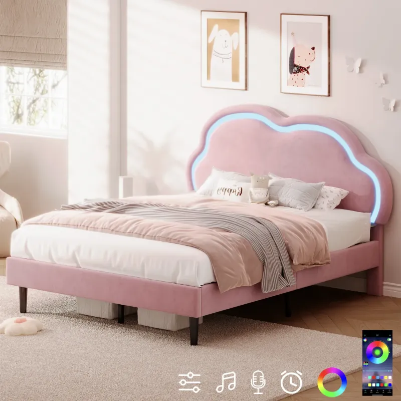 4ft6 Double Upholstered Bed with LED Cloud Headboard - Pink