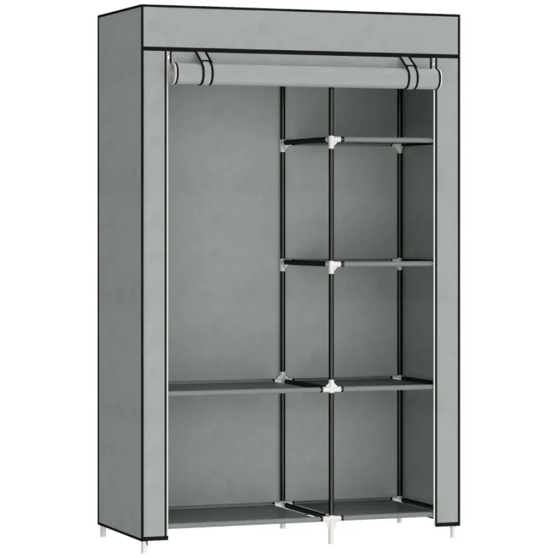 6 Shelf Portable Fabric Wardrobe with Hanging Rail, Light Grey